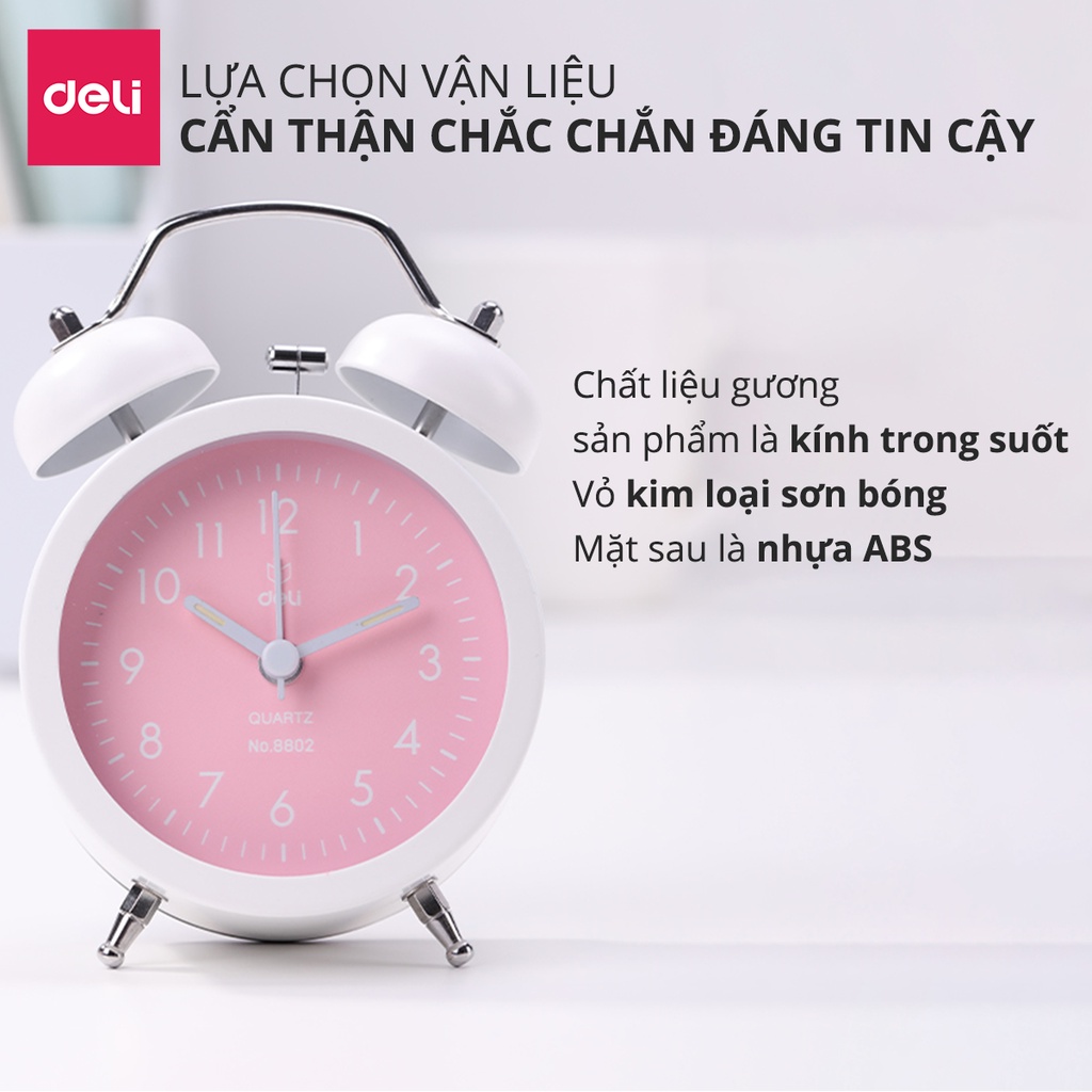 Đồng hồ báo thức Deli - Xanh dương/Xanh lá/ Hồng - 8802