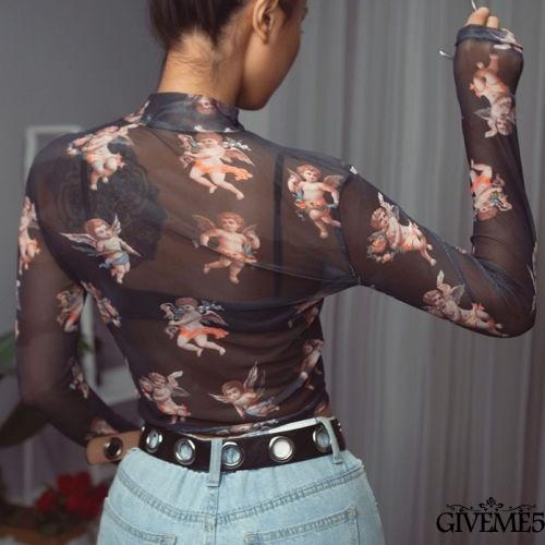 Áo croptop lưới tay dài in hình thiên thần cho nữ
