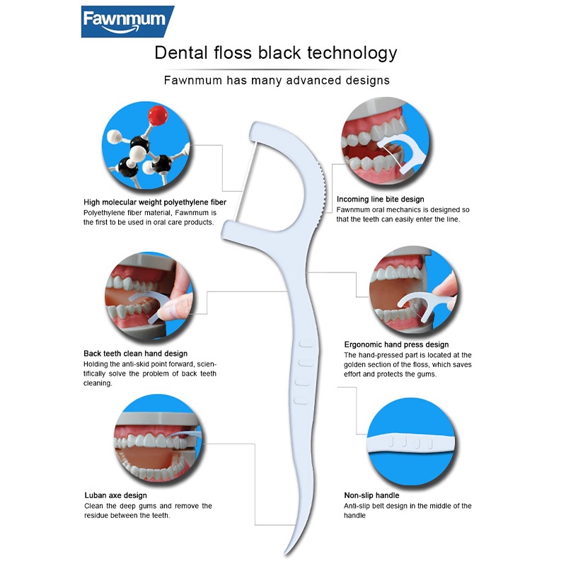 Tăm chỉ nha khoa Fawnmum sợi chỉ dày và căng vừa phải, độ ma sát cao dễ dàng làm sạch mảng bám túi 100 chiếc.