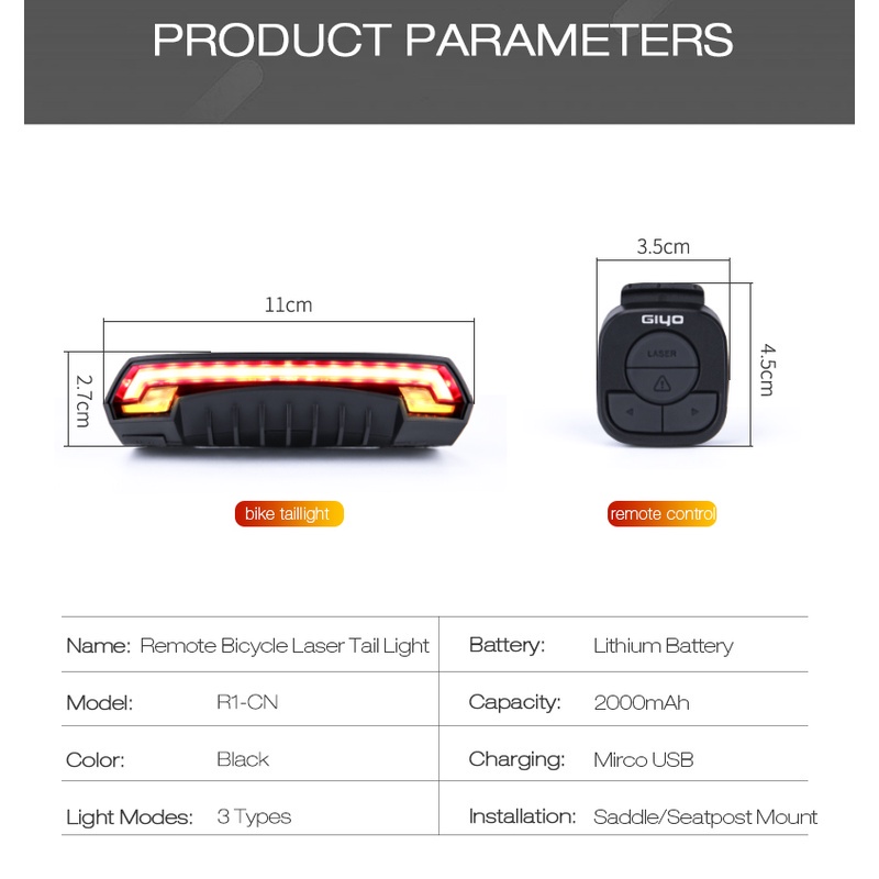 Đèn hậu xe đạp laser LED GIYO R1 điều khiển từ xa có thể sạc lại được