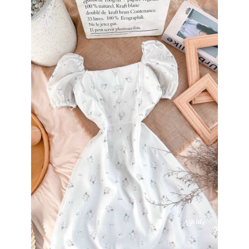 (Sẵn) Đầm đi tiệc midi voan hoa cổ vuông tay phồng nút bọc | BigBuy360 - bigbuy360.vn