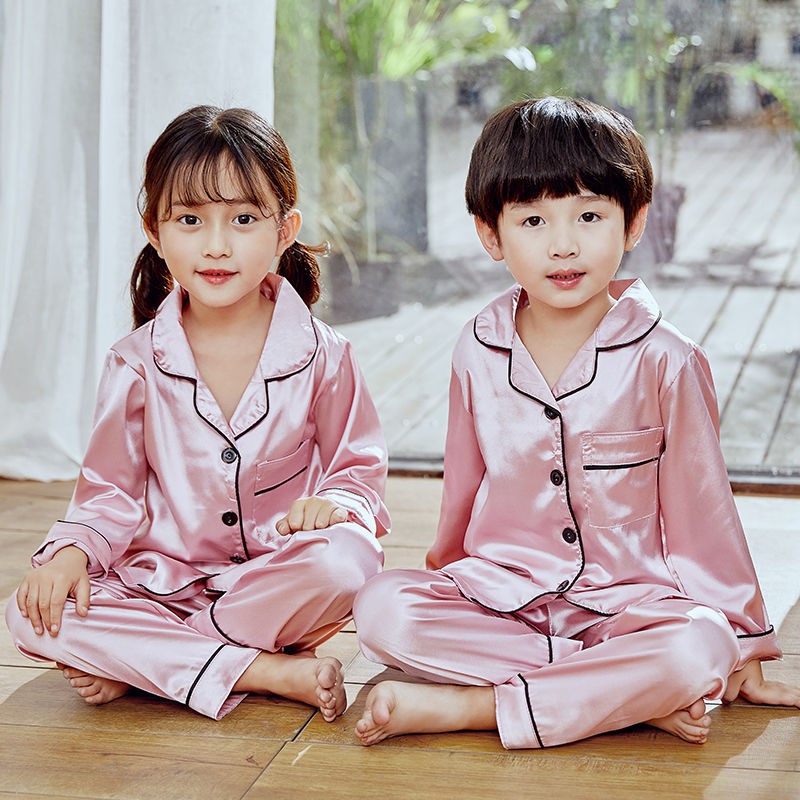 quần thun bé trai▥✗Bộ đồ ngủ trẻ em mùa xuân và hè dài tay lụa giả Pijama cho bé trai gái phong cách mỏng thu m