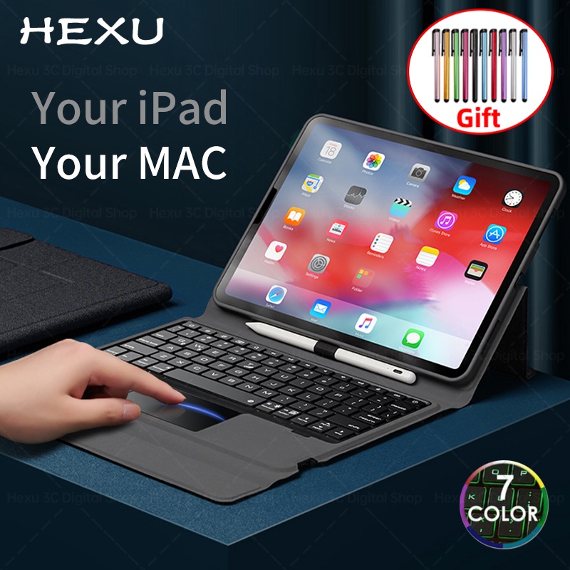 Hexu for IPad Magic Wireless Bluetooth Touchpad TrackPad LED Light Backlit Backlight Keyboard Case Pro 12.9 11 M1 2021 Air4 10.9 10.5 7th 8th 9th 10.2 9.7 Air 3 Gen 4 2020 2018 Leather Holder Stand Cover Like Macbook