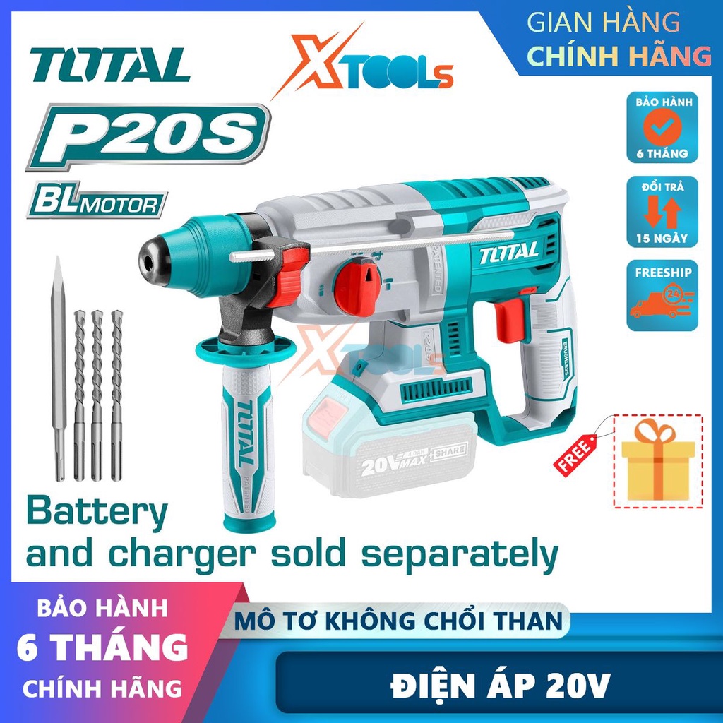 Máy khoan pin đục bê tông TOTAL TRHLI20228 20V mô tơ không chổi than, đầu gài SDS, khoan tối đa 26mm- CHÍNH HÃNG-XTOOLS