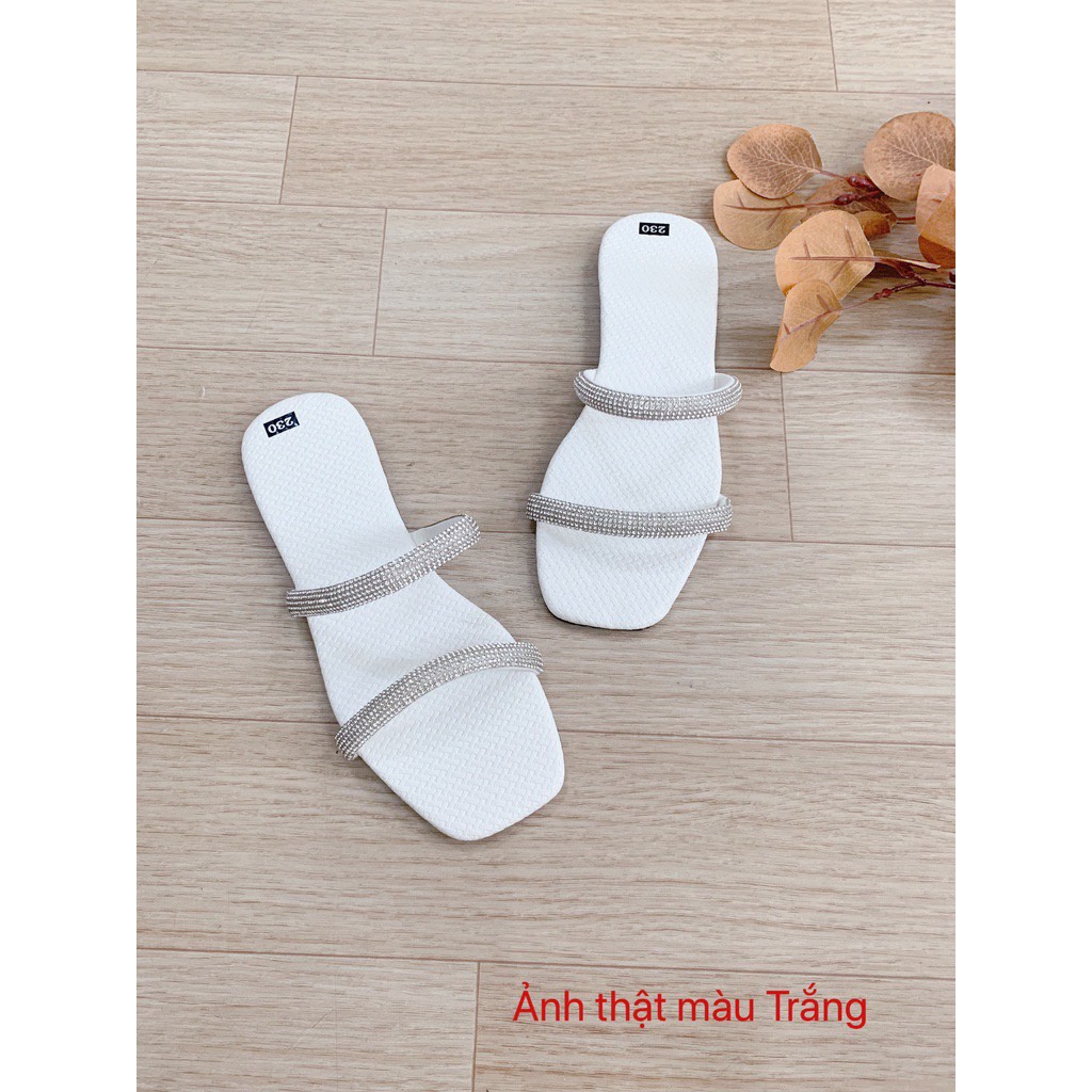 Dép nữ quai ngang 2 dây sandal đế bằng lép kẹp xỏ ngón đính đá đi biển đẹp rẻ thời trang
