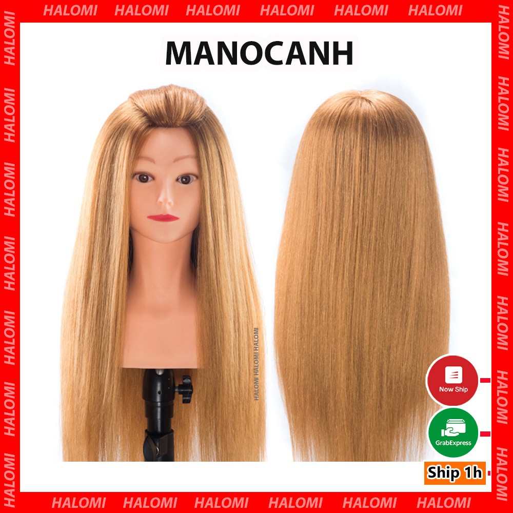 Đầu manocanh học tóc chịu nhiệt màu vàng 90% tóc thật kèm đế kẹp bàn uốn duỗi thoải mái
