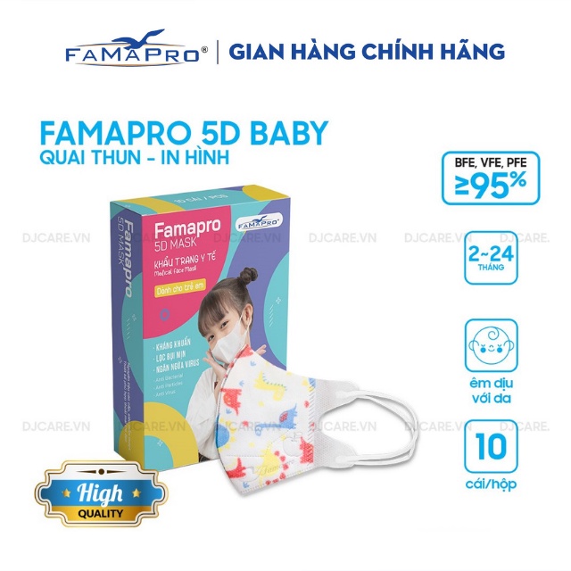 [HỘP-10 CÁI-QUAI THUN] Khẩu trang y tế trẻ em kháng khuẩn 3 lớp Famapro 5D BABY HỌA TIẾT