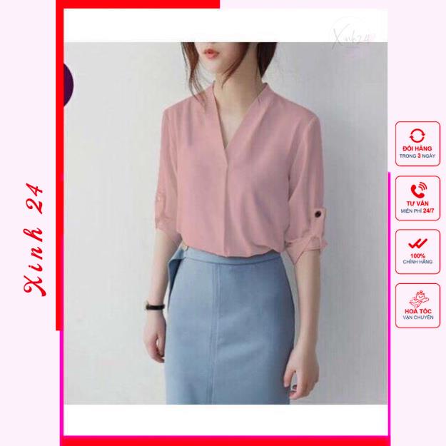Áo sơ mi nữ tay lỡ cổ V chất vải nhập mềm mịn chuẩn form trẻ trung