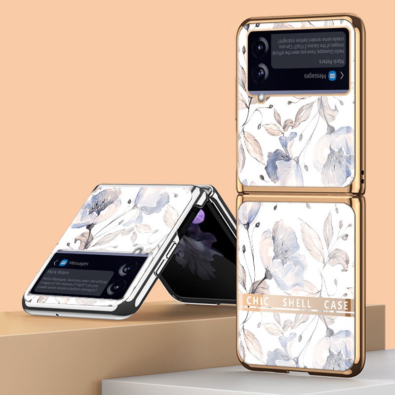 Ốp điện thoại kính cường lực mạ màu nước họa tiết hoa cho Samsung Galaxy Z Flip 3 Z Fold 3 Z Fold 2 Z Flip 3