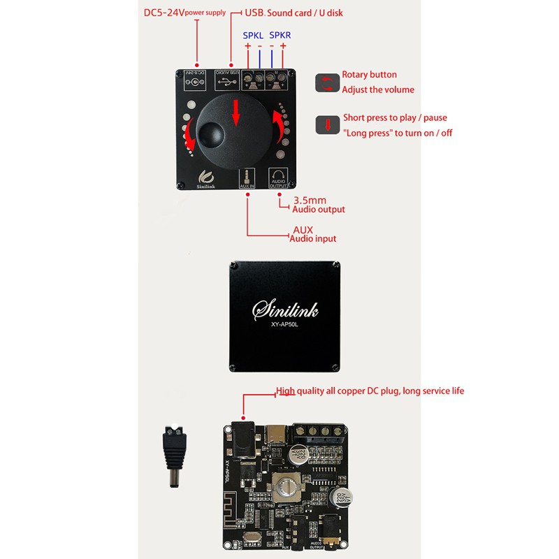 COD Bluetooth 5.0 50WX2 Power Digital Amplifier Stereo Board 12V 24V O4VN