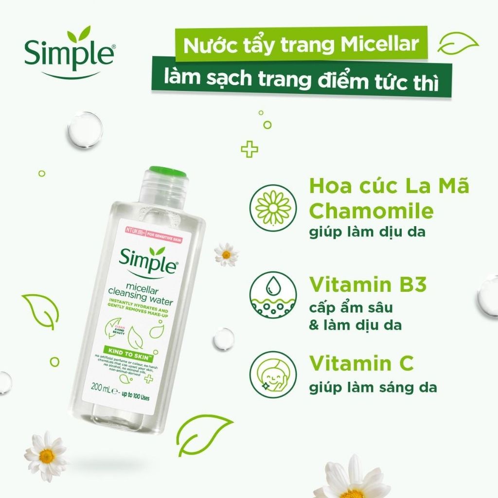 Nước Tẩy Trang Simple Sạch Sâu Dịu Nhẹ cho Da Nhạy Cảm Kind To Skin Micellar Water 200ML [Chính Hãng]
