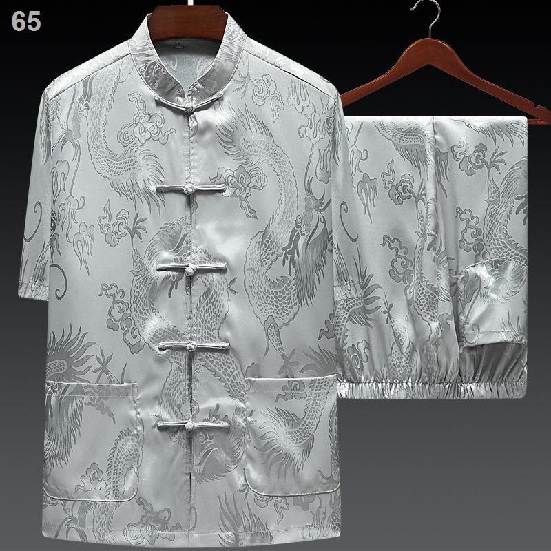 Băng lụa Tang phù hợp với nam trung niên và cao tuổi áo sơ mi ngắn tay Bộ quần mùa hè giản dị của ông nội Phong c