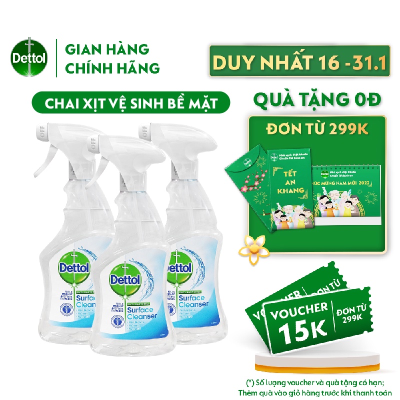 Combo 3 chai xịt bề mặt vệ sinh kháng khuẩn Dettol 500ml x 3