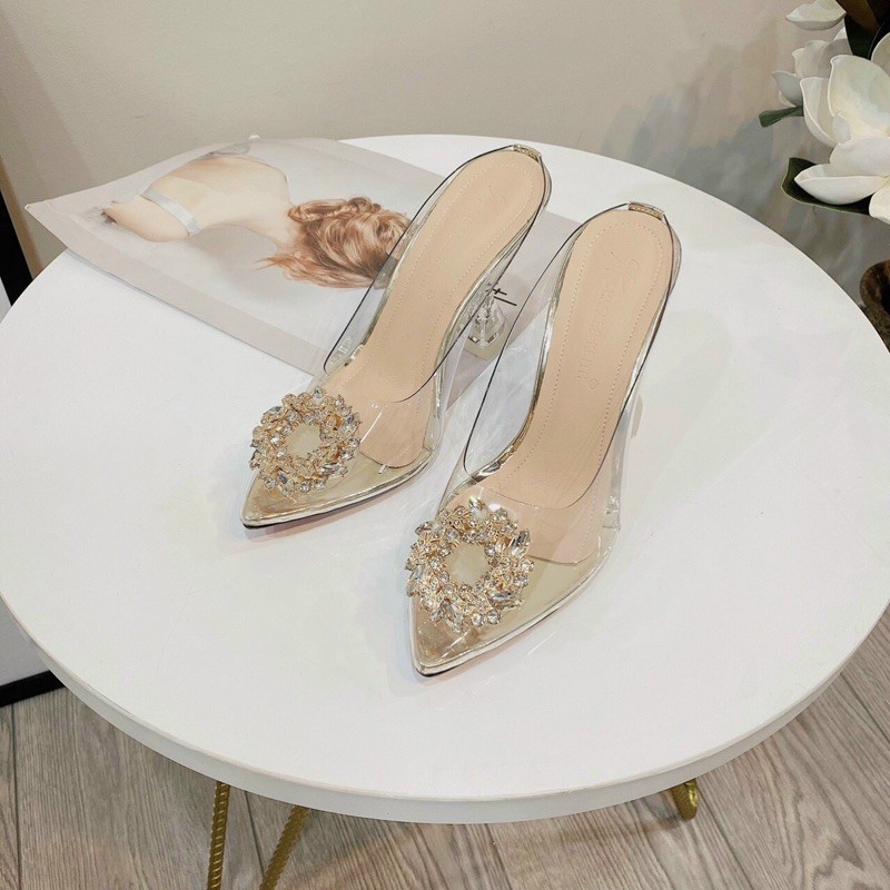 Sandal mũi nhọn mica vòng tròn hoa đá gót Y 8p