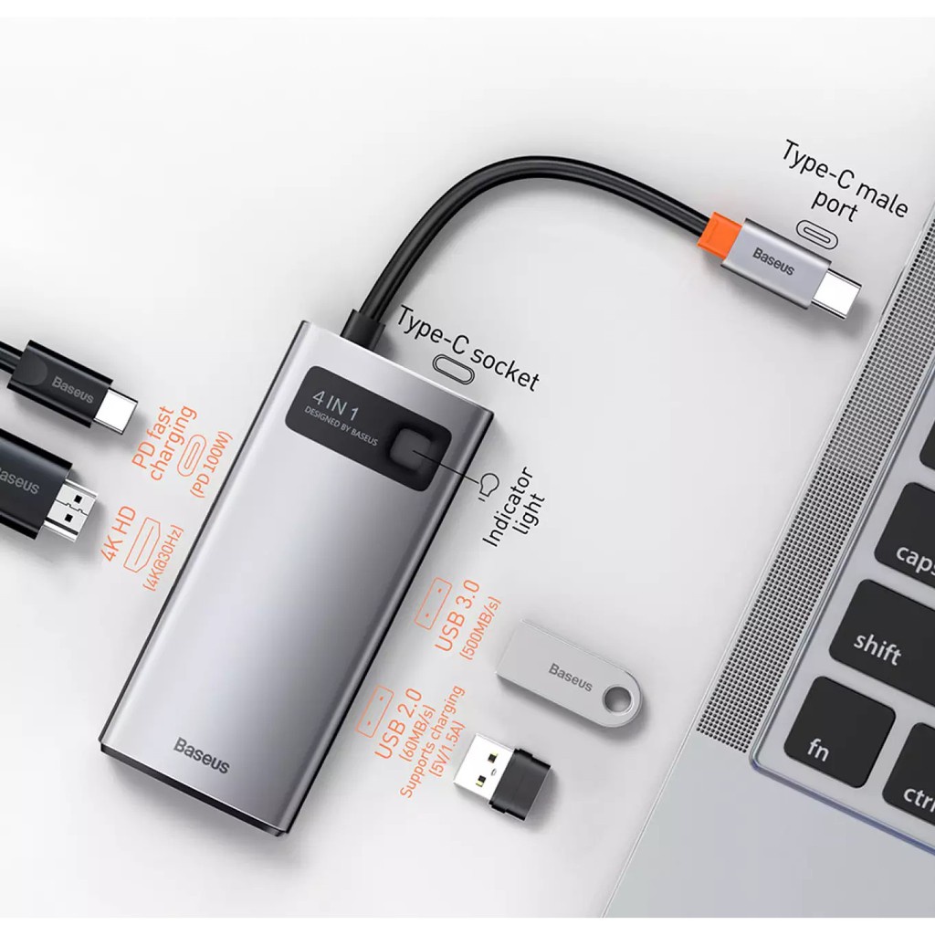 Bộ Chia cổng 4 in 1 Baseus Type-C to HDMI 4k USB 3.0 USB 2.0 PD 100w cho Laptop Macbook