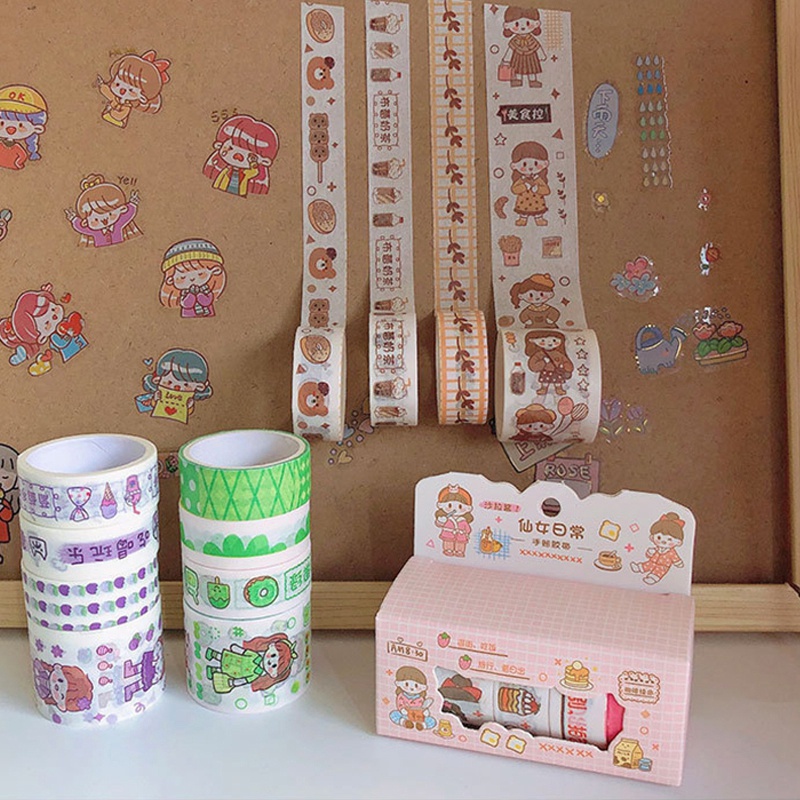 Set 4 Cuộn Băng Dính Washi Họa Tiết Hoạt Hình Dễ Thương Trang Trí Thủ Công DIY