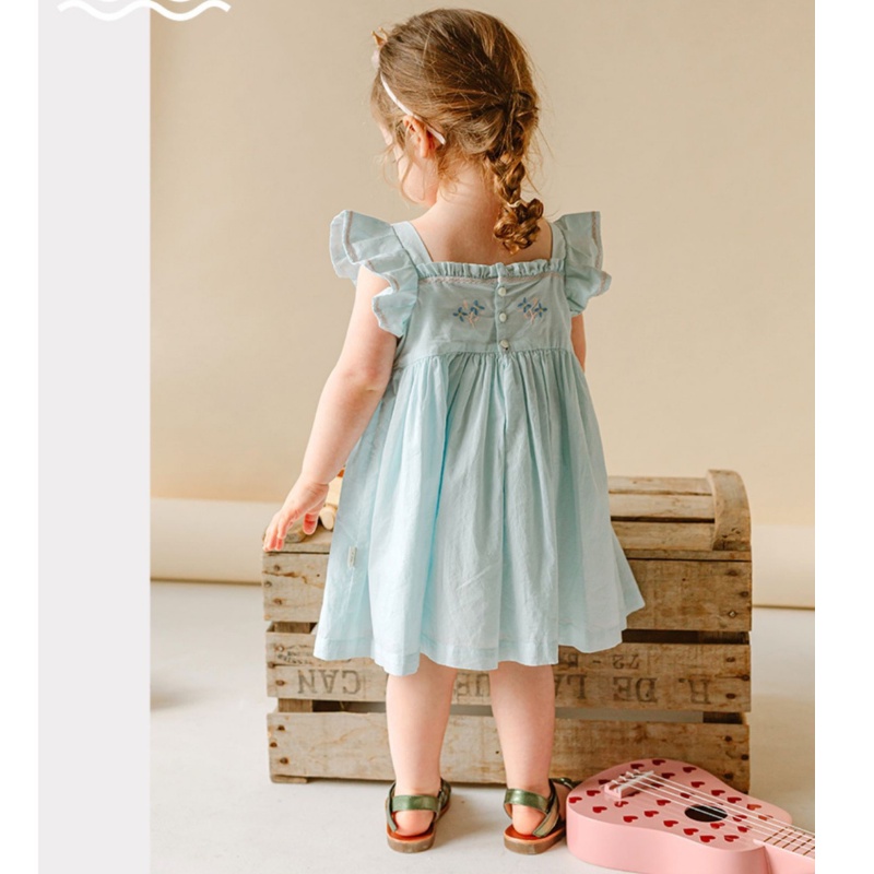 Váy bé gái, đầm trẻ em hai dây phối bèo màu xanh mint chất liệu cao cấp mềm mịn Bắp Ngô Kids size từ 8 đến 18kg