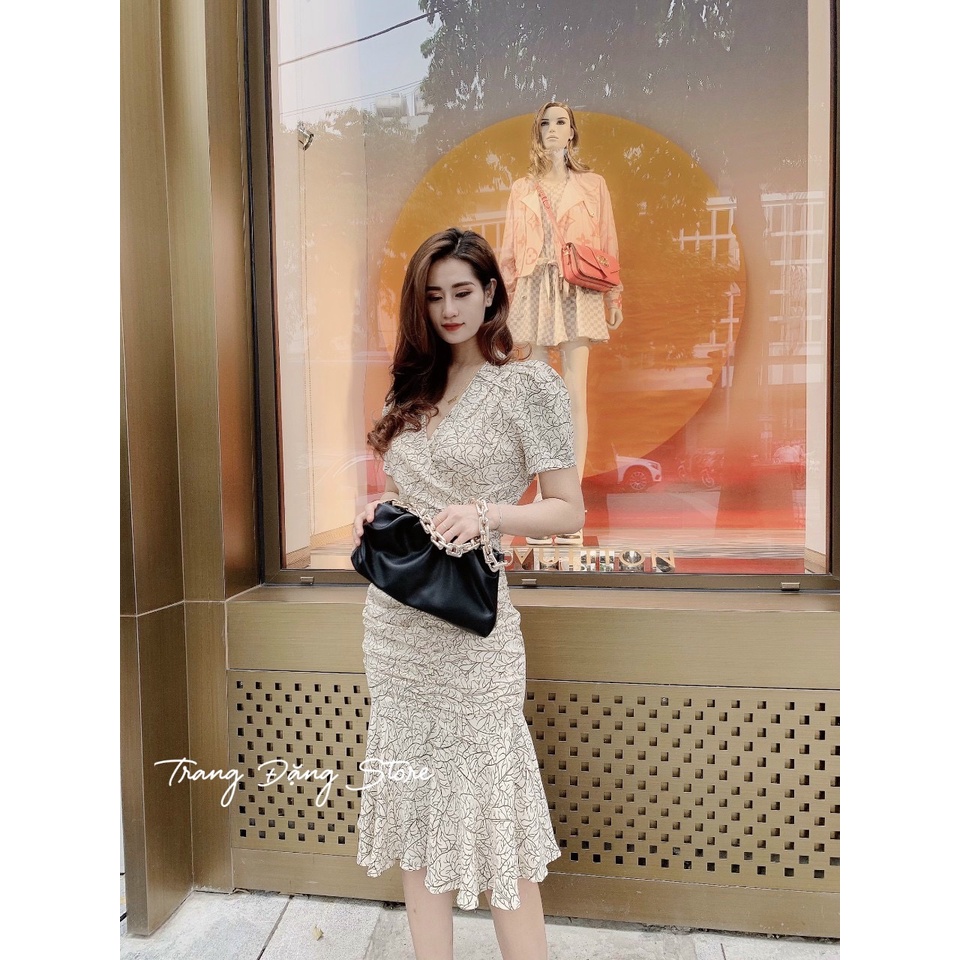 Đầm nữ thiết kế,váy nữ thiết kế cộc tay mùa hè, họa tiết sang chảnh, nhún eo, chân bèo đuôi cá