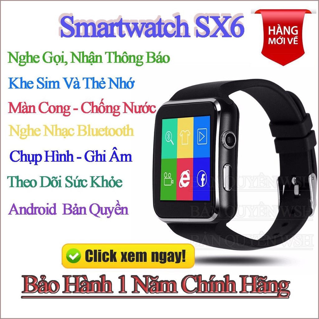 Đồng Hồ Thông Minh Chống Nước SX6 CÓ TIẾNG VIỆT - Màn Hình Chống Xước Khe Lắp Sim Nghe Gọi Độc Lập Kết Nối Bluetooth Với