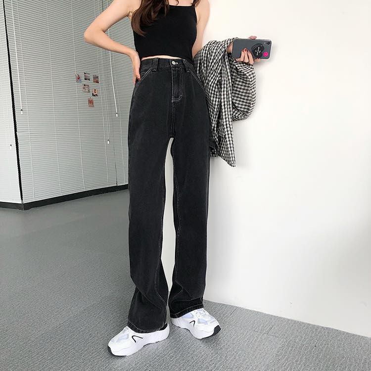 Quần Jeans Nữ Simple Jeans Lưng Cao Dáng Suông Ống Rộng Ulzzang - Gin Store