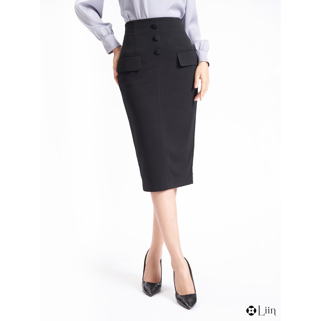 Chân váy công sở Linbi màu đen 3 cúc bọc kiểu dáng trẻ trung, thanh lịch liin clothing J4265