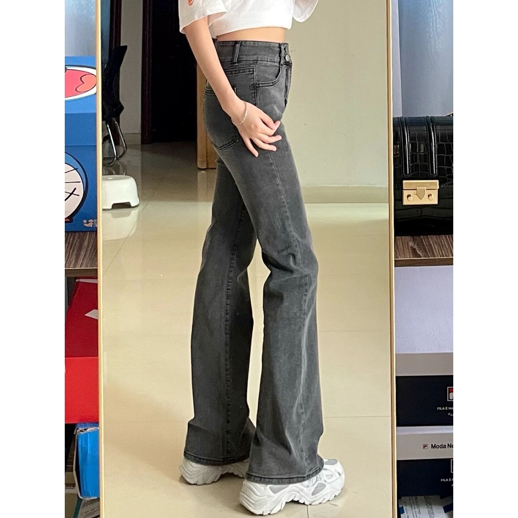 Quần Jean Ống Loe Lưng Cao Thời Trang retro Hàn Quốc