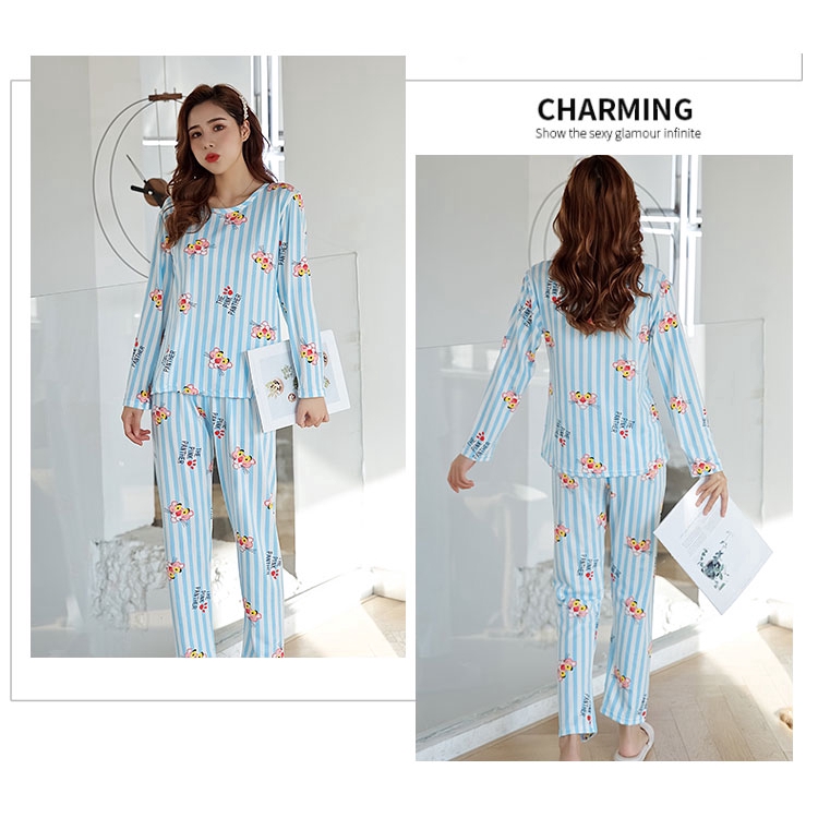 xiaohan korea spring autumn loose female nightwear round neck long sleeve sleepwear set women cute printed pajamas | BigBuy360 - bigbuy360.vn
