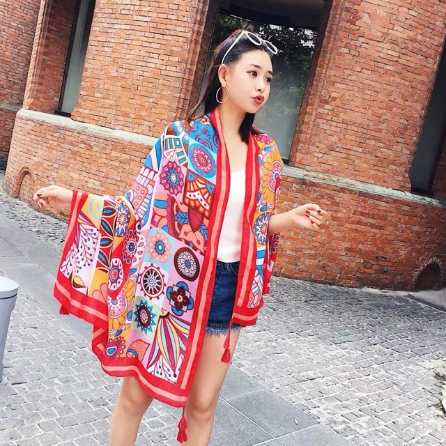 Khăn choàng bohemian du lịch biển in hoạ tiết gạch bông