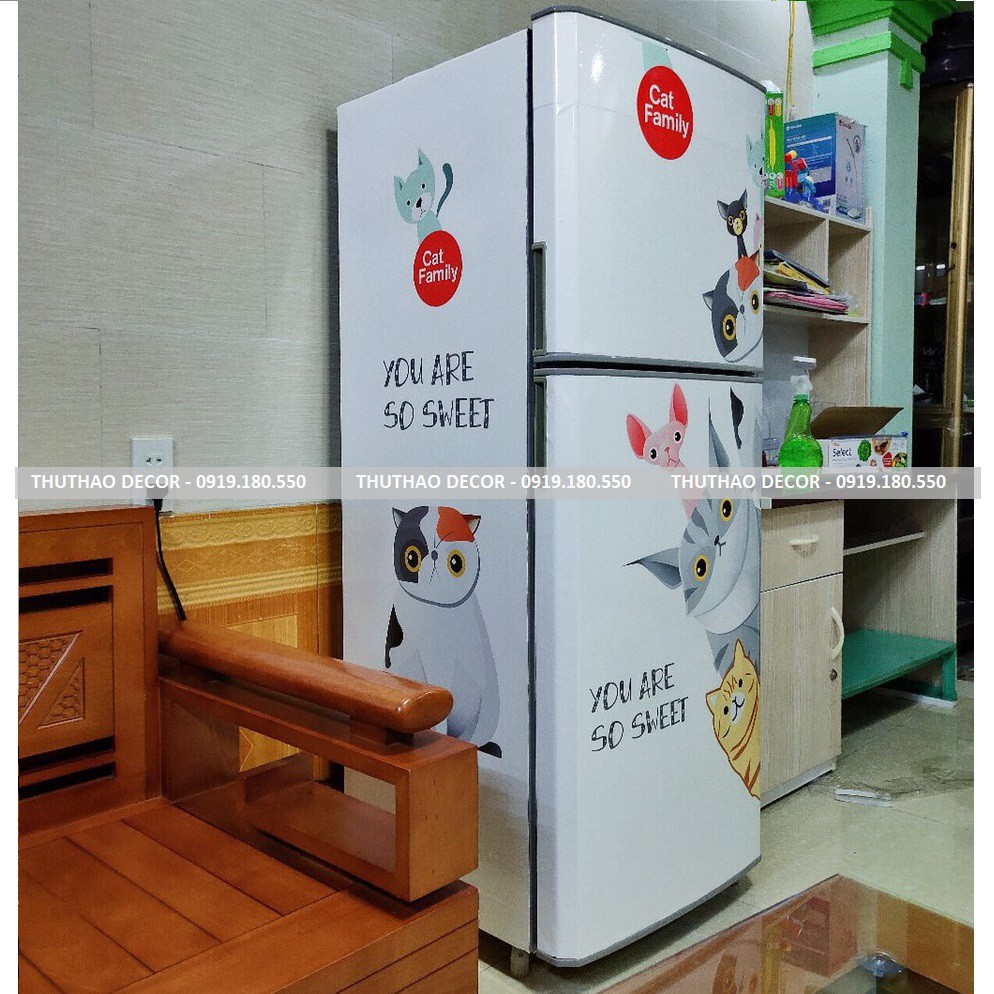 Combo 3 Miếng dán tủ lạnh siêu bền Gia đình mèo Kute chất liệu cao cấp