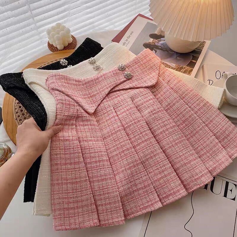HÀNG ORDER Chân váy dạ tweed xếp ly kiểu mới, đính cúc thời trang kèm ảnh thật