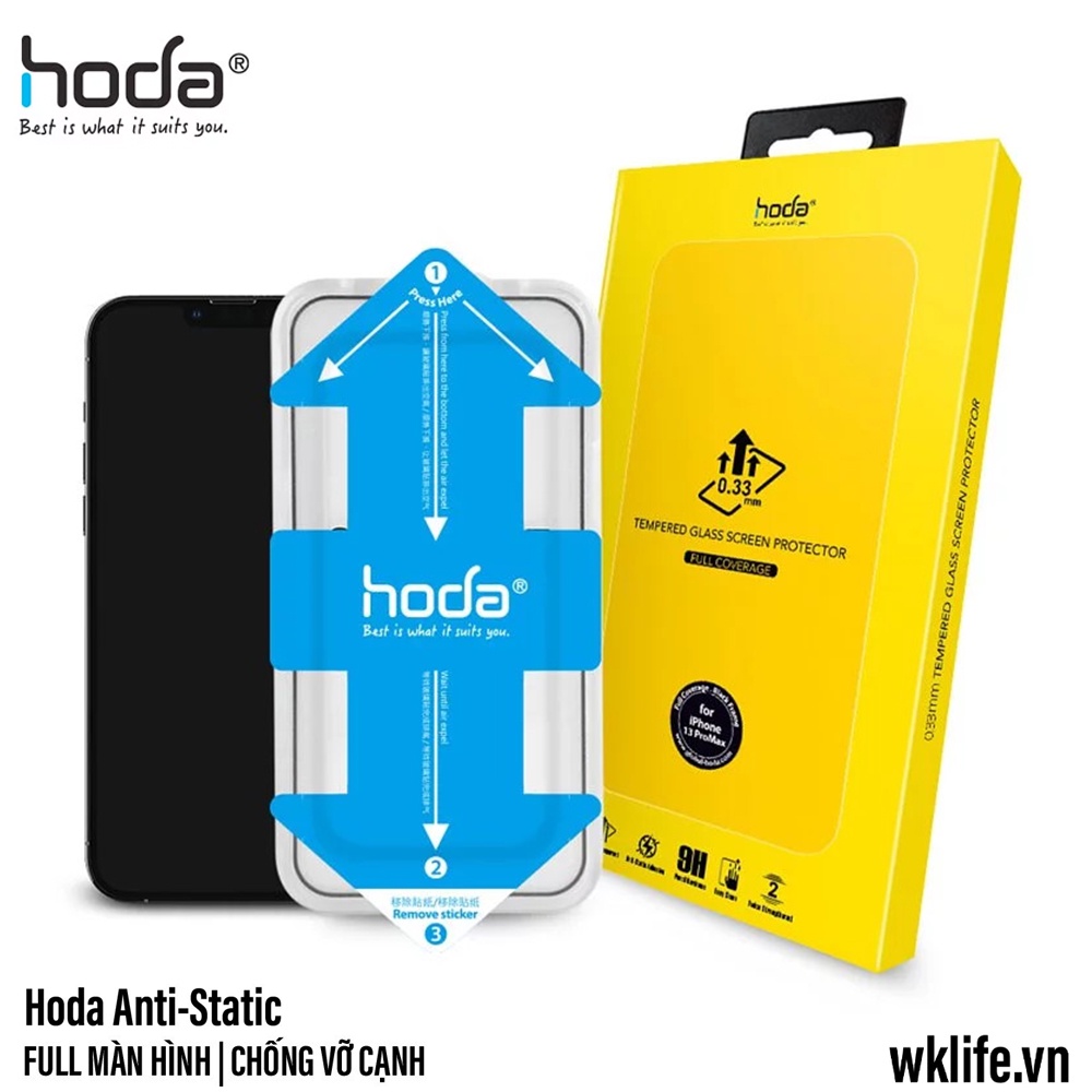 Cường Lực Chống Vỡ Cạnh Hoda Anti-Static Cho 12 / 13 Pro Max Có Khung Hỗ Trợ Dán