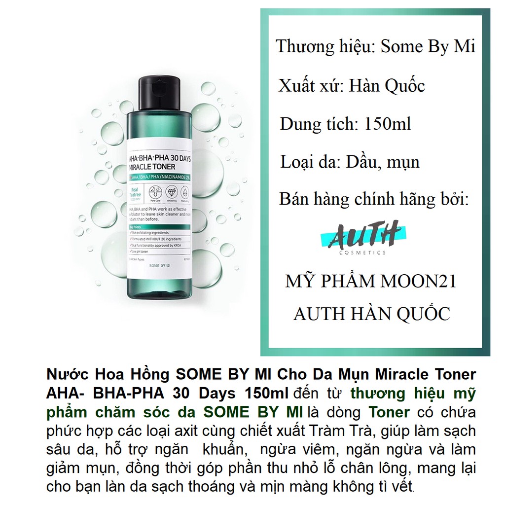 Nước hoa hồng ngừa mụn kiềm dầu Some By Mi AHA-BHA-PHA 30 Days Miracle Toner 150ml Auth Hàn Quốc