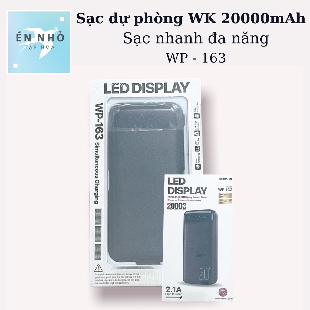 Pin sạc dự phòng đa năng 20000 mAh (WP-163) đèn led hiển thị pin, hàng chính hãng | Bảo Hành 6 Tháng