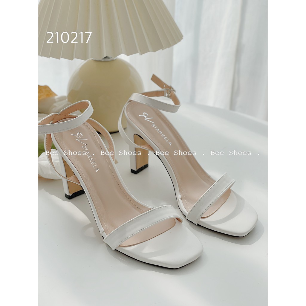 BEESHOES - SANDAL MŨI VUÔNG GÓT DEPK CAO 8 PHÂN - SANDAL QUAI NGANG MẢNH CHẤT DA ĐI ÊM CHÂN SẴN MÀU ĐEN-TRẮNG-BE 210217