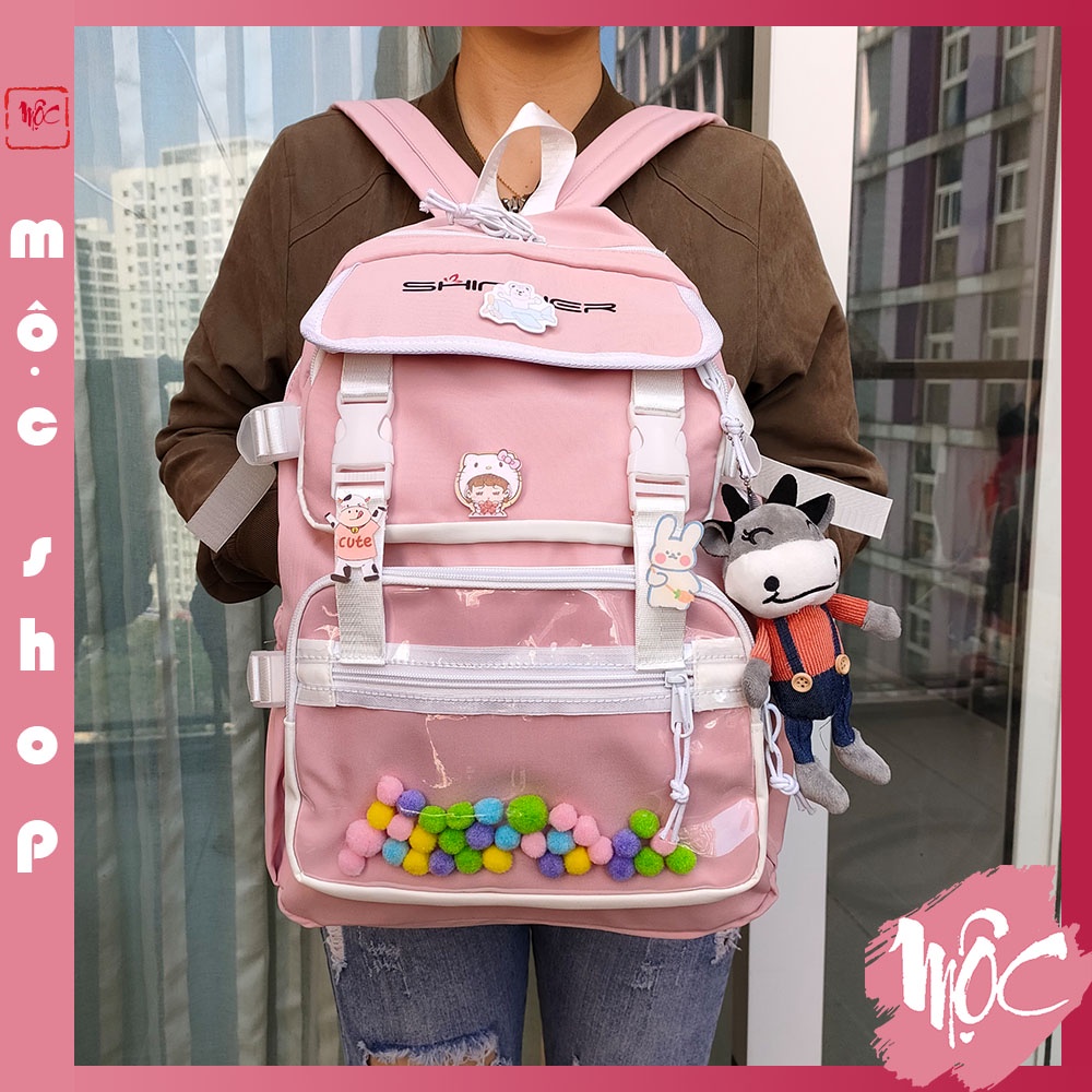 Balo ULZZANG, balo thời trang- BL223, nhiều ngăn, vải chống thấm nước- Tặng kèm Sticker, bóng, gấu