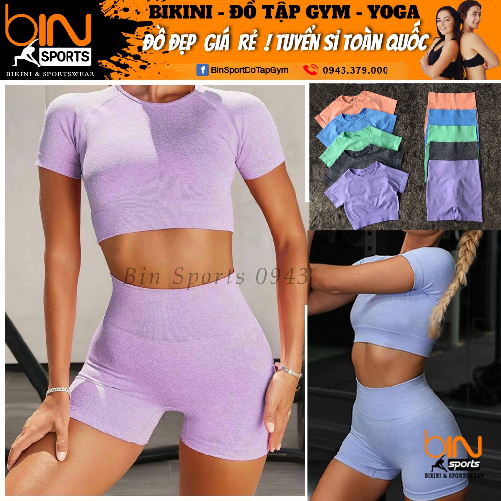 Set bộ đùi thể thao tập gym yoga nữ dệt kim áo crop quần đùi cạp cao Bin Sport BN036