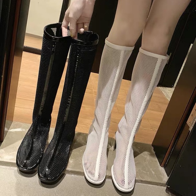 (Order) Boots đùi lưới phối viền bóng, gót gương 4cm