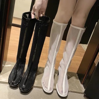 (Sẵn) Boots đùi lưới phối viền bóng, gót gương 4cm