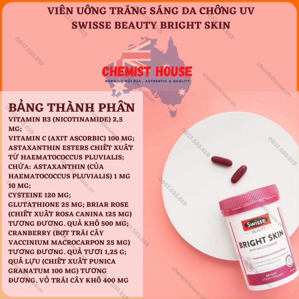 Combo Collagen thủy phân + viên uống trắng da chống nắng Swisse Úc Swisse Collagen Glow peptides + Swisse Bright Skin