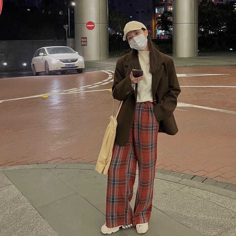 Quần Dài Ống Rộng Họa Tiết Caro Thời Trang Nữ