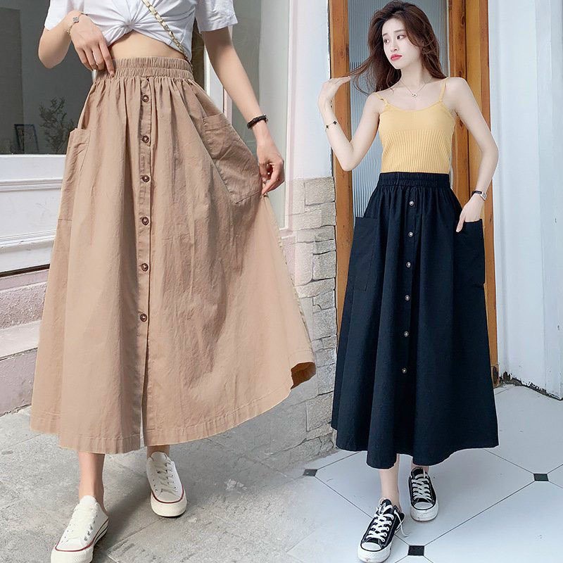 Chân váy dài dáng xòe có đính cúc phong cách hàn quốc thời trang nữ, chất vải thô mềm mại