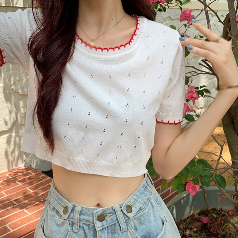 Áo Croptop Dệt Kim Tay Ngắn Cổ Tròn Phối Màu Phong Cách Hàn Quốc Thời Trang Cho Nữ