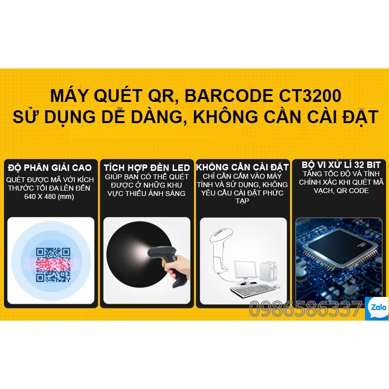 Máy quét QR, barcode một chiều có thể quét được màn hình pc ,smartphone không cần cài đặt Chiteng CT3200