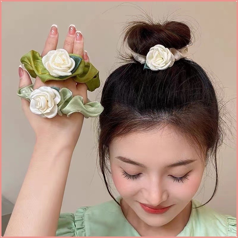 Dây Cột Tóc Bản Lớn In Họa Tiết Hoa Trà Thanh Lịch Cao Cấp