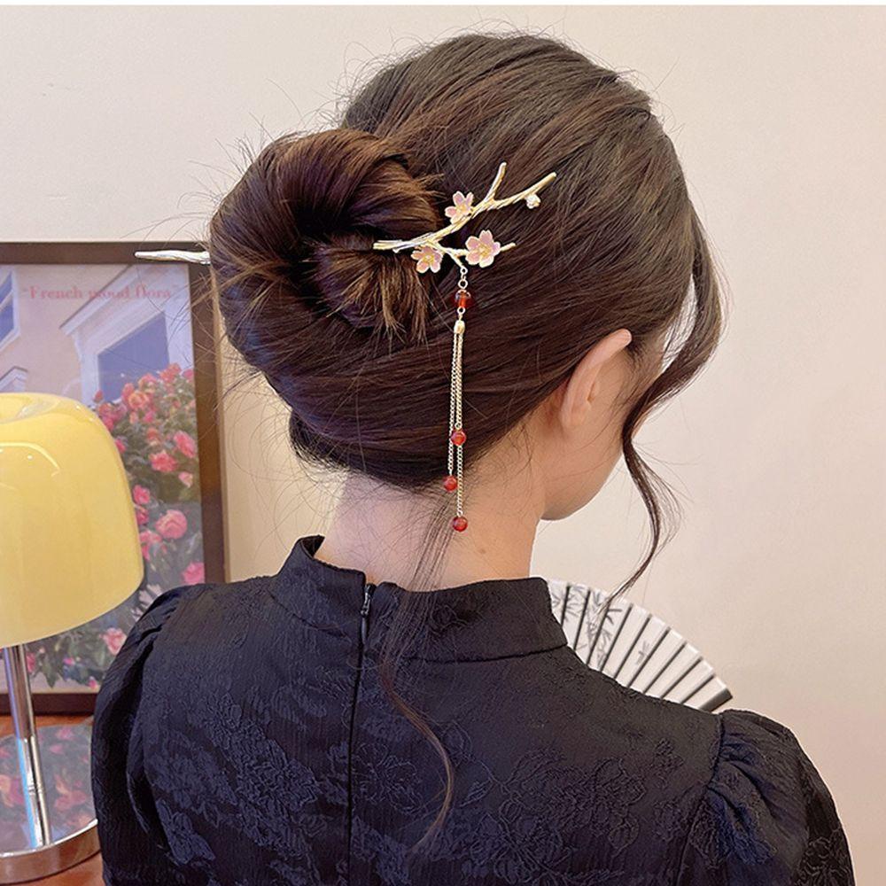 Trâm Cài Tóc 15H Bằng Kim Loại Hình Hoa Mận Phối Tua Rua Phong Cách Trung Hoa Cổ Điển Cho Nữ
