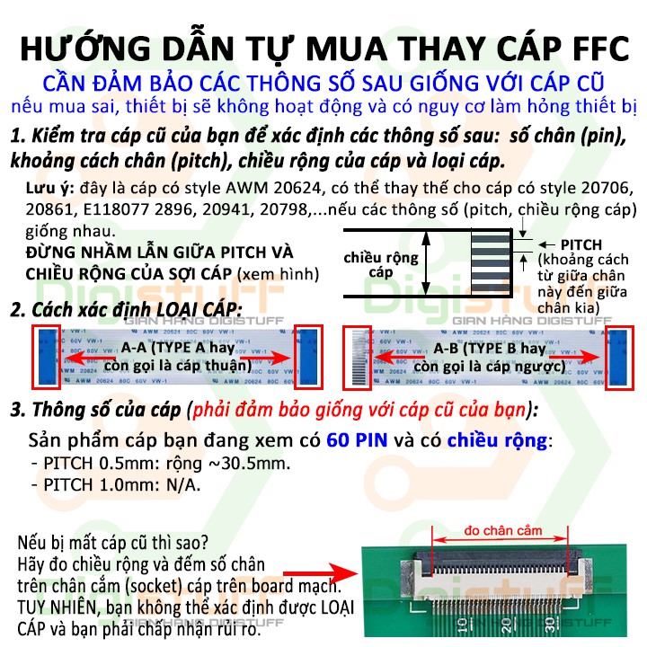 [Mã ELORDER5 giảm 10k đơn 20k] Cáp màn hình LCD LED, cáp nối bo tcon, cáp camera 60 pin AWM 20624