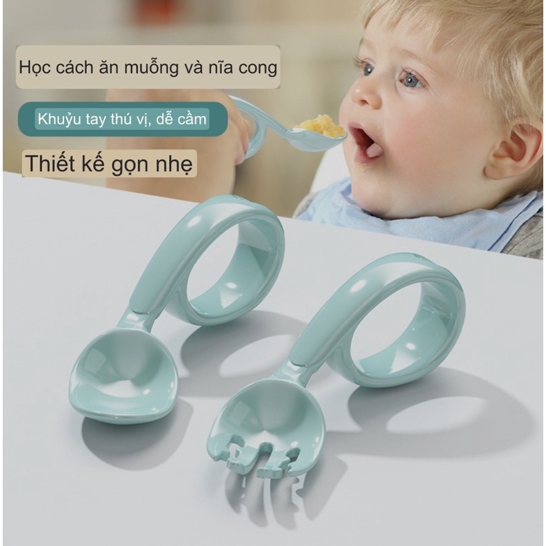 Thìa dĩa tròn tập xúc cho bé mẫu mới cao cấp cảm biến nhiệt thay đổi màu ngăn ngừa bỏng