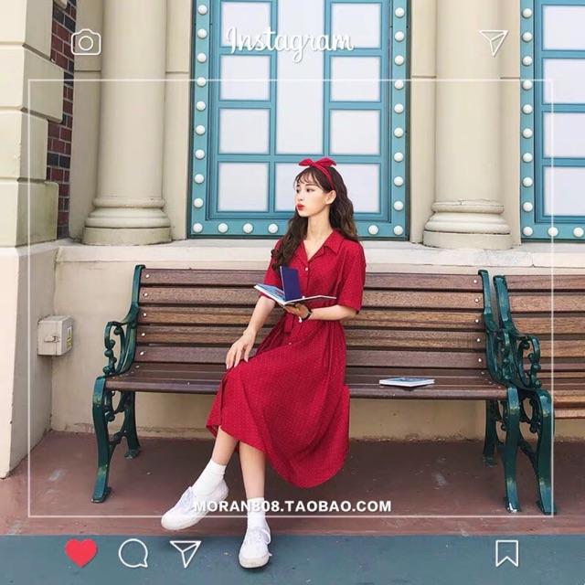 (D125 ) Váy đỏ khuy trước ngực