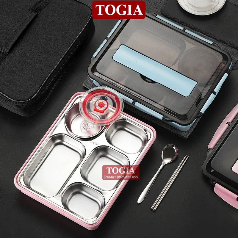 Hộp Cơm Giữ Nhiệt - Khay Đựng Cơm Văn Phòng Chia Ngăn Kèm Bát Ăn Inox Và Thìa Đũa Cao Cấp TOGIA