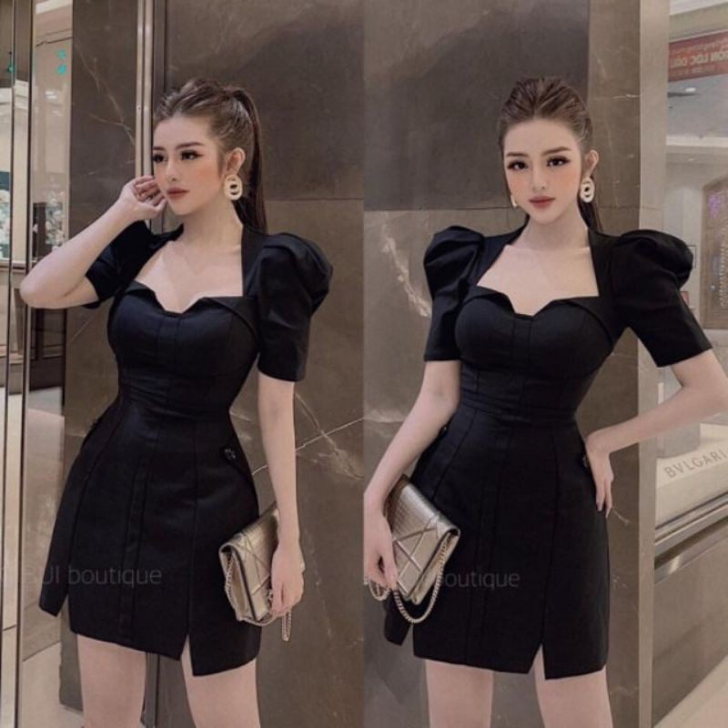 Đầm Xòe Nhẹ Tay Bo Phồng (Size S-M-L-XL) cổ lật kiểu lai xẻ V nhỏ HÀNG THIẾT KẾ | BigBuy360 - bigbuy360.vn